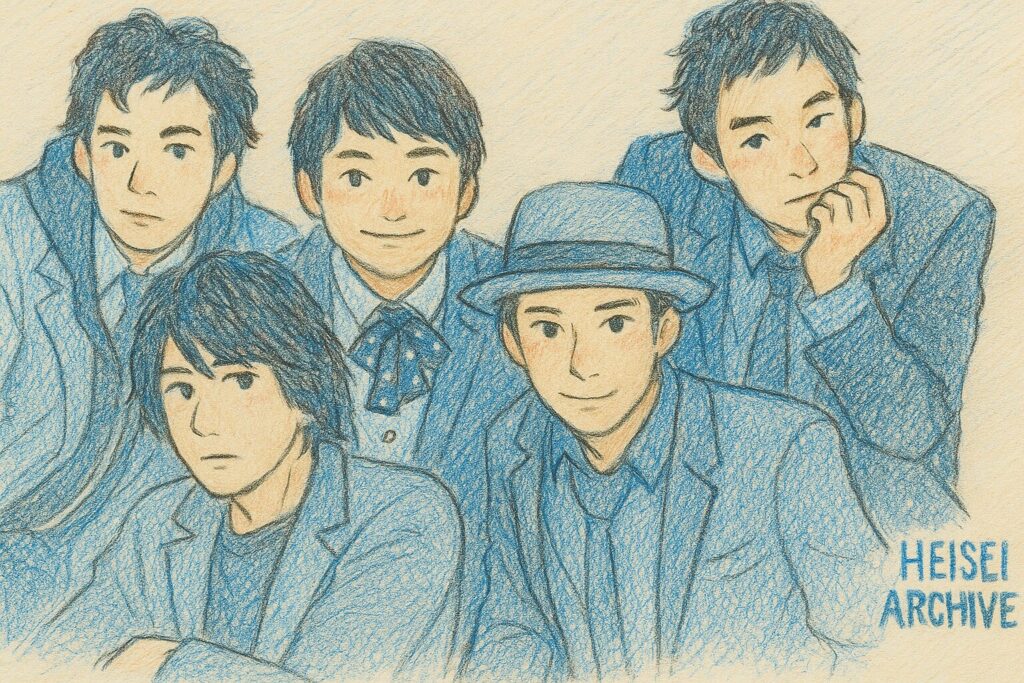 色鉛筆で書いた日本の男性アイドルグループのイメージイラスト（Heisei Archive）