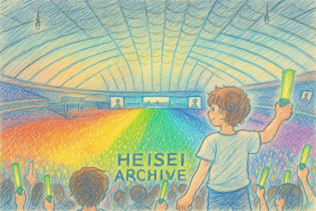 色鉛筆で書いた虹色に輝く日本のロックバンドのライブのイメージイラスト（Heisei Archive）