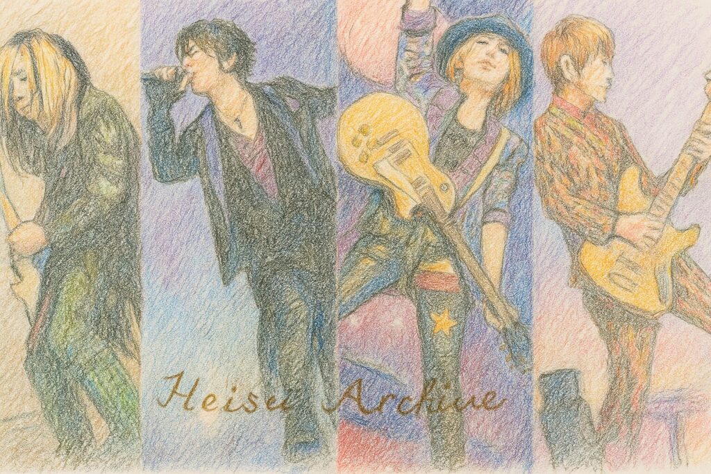 色鉛筆で書いた千のナイフが胸に刺さってそうな日本のヴィジュアル系ロックバンドのイメージイラスト（Heisei Archive）