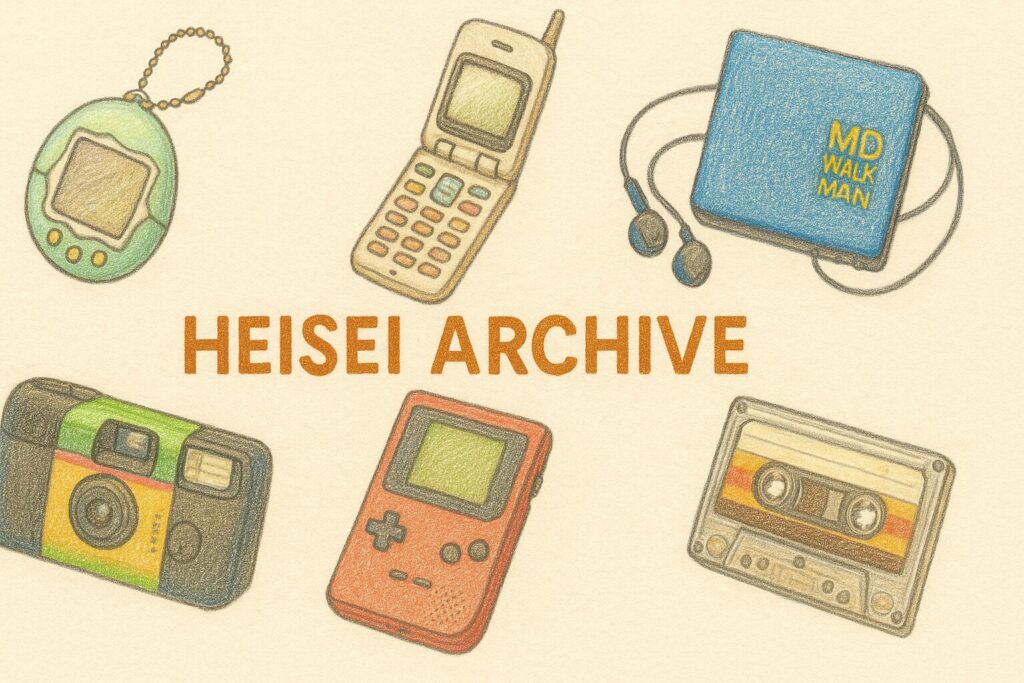 色鉛筆で書いた平成レトロなアイテムのイメージイラスト（Heisei Archive）