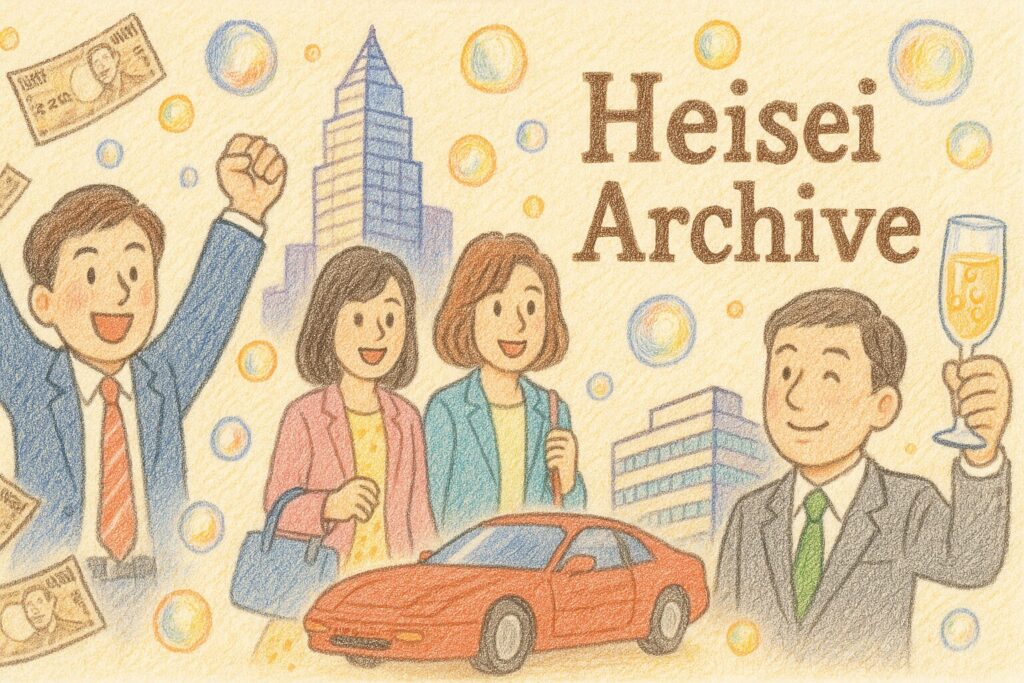 色鉛筆で書いたバブル景気のイメージイラスト(Heisei Archive)