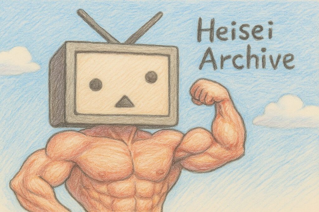 色鉛筆で書いたちょっと変わったマッチョのイメージイラスト（Heisei Archive）