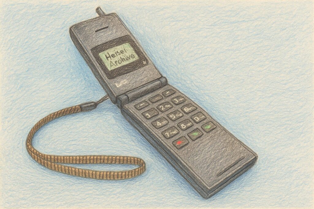 色鉛筆で書いたムーバ 初代風携帯電話のイメージイラスト(Heisei Archive)