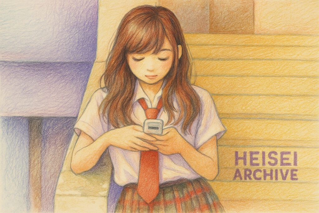 色鉛筆で書いたガラケーを操作する女子高生のイメージイラスト（Heisei Archive）
