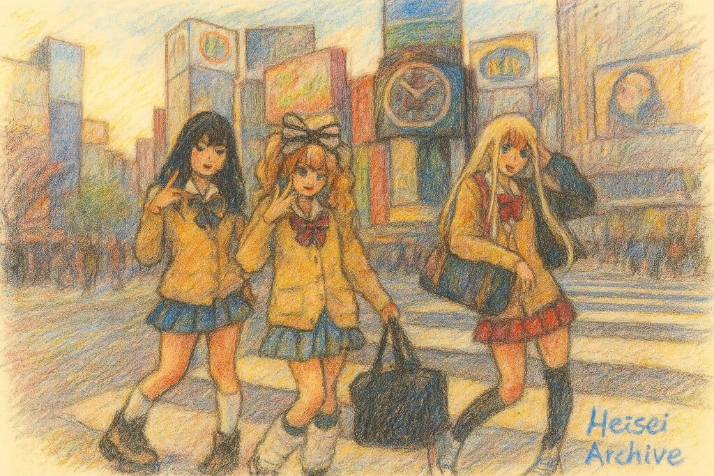 色鉛筆で書いたコギャルのイメージイラスト(Heisei Archive)