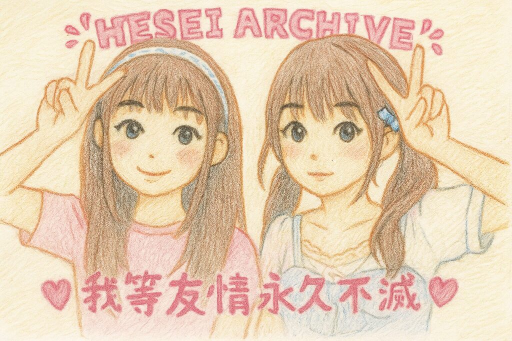 色鉛筆で描いたカラフルなプリントシール風イラスト（Heisei Archive）