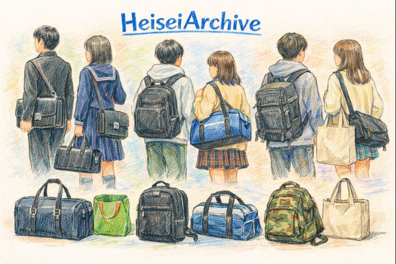 色鉛筆で書いた平成の学生カバン|スクールバッグ・リュック・サブバッグの変遷イメージイラスト