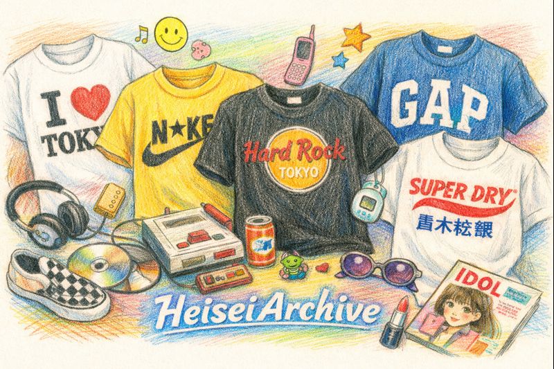 色鉛筆で書いた平成に流行った「ロゴTシャツ」 の イメージイラスト