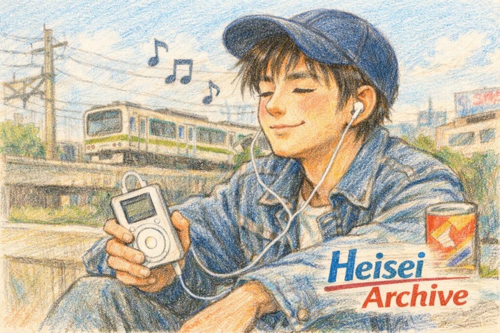 色鉛筆で書いた初代ipodで音楽を聴く人のイメージイラスト
