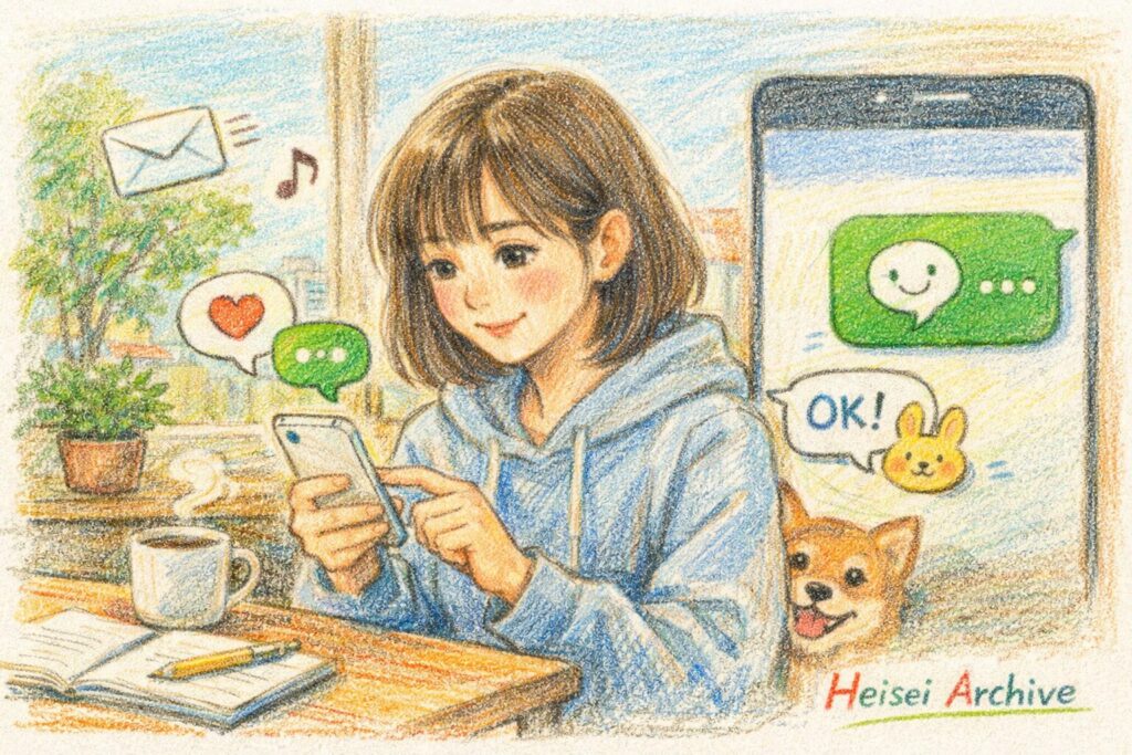 色鉛筆で書いたLINEアプリでメッセージ送る人のイメージイラスト