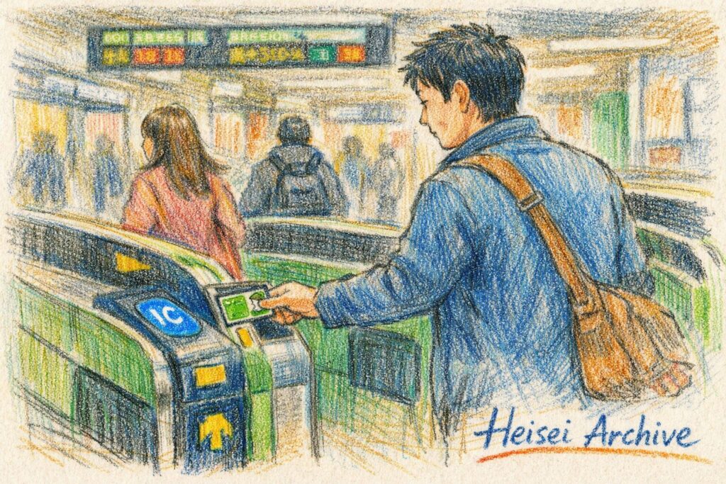 色鉛筆で書いたSuicaで改札を通る人のイメージイラスト