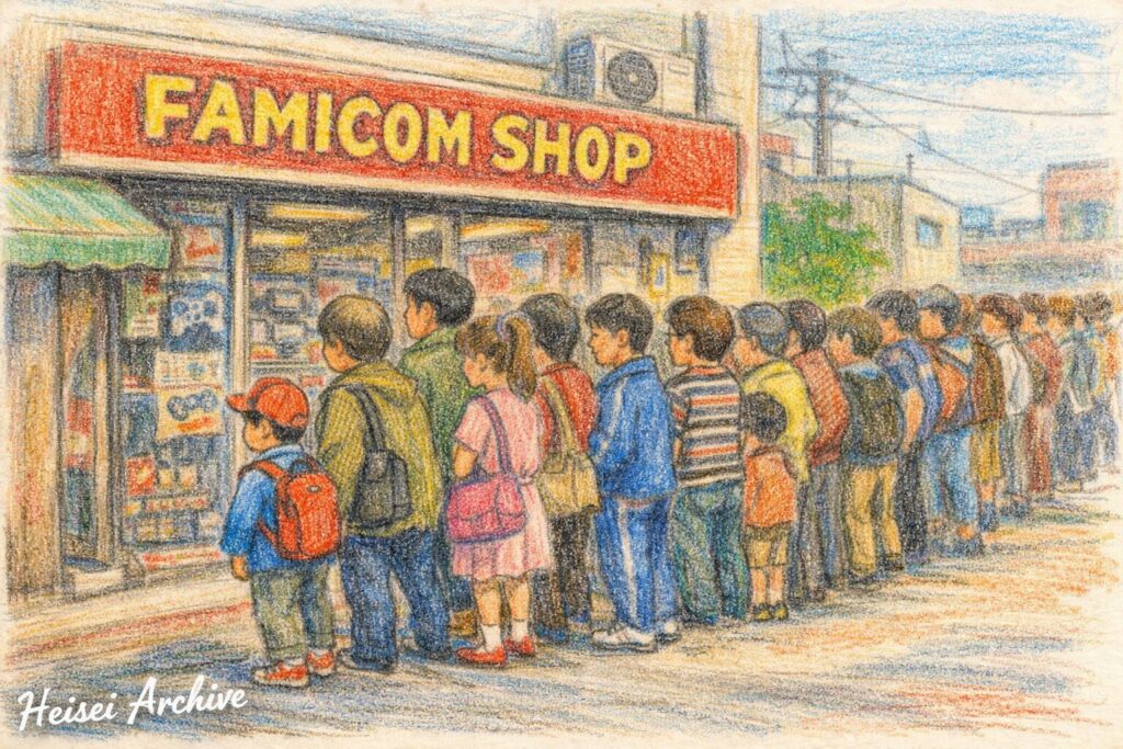 色鉛筆で書いたファミコンショップに長蛇の列のイメージイラスト