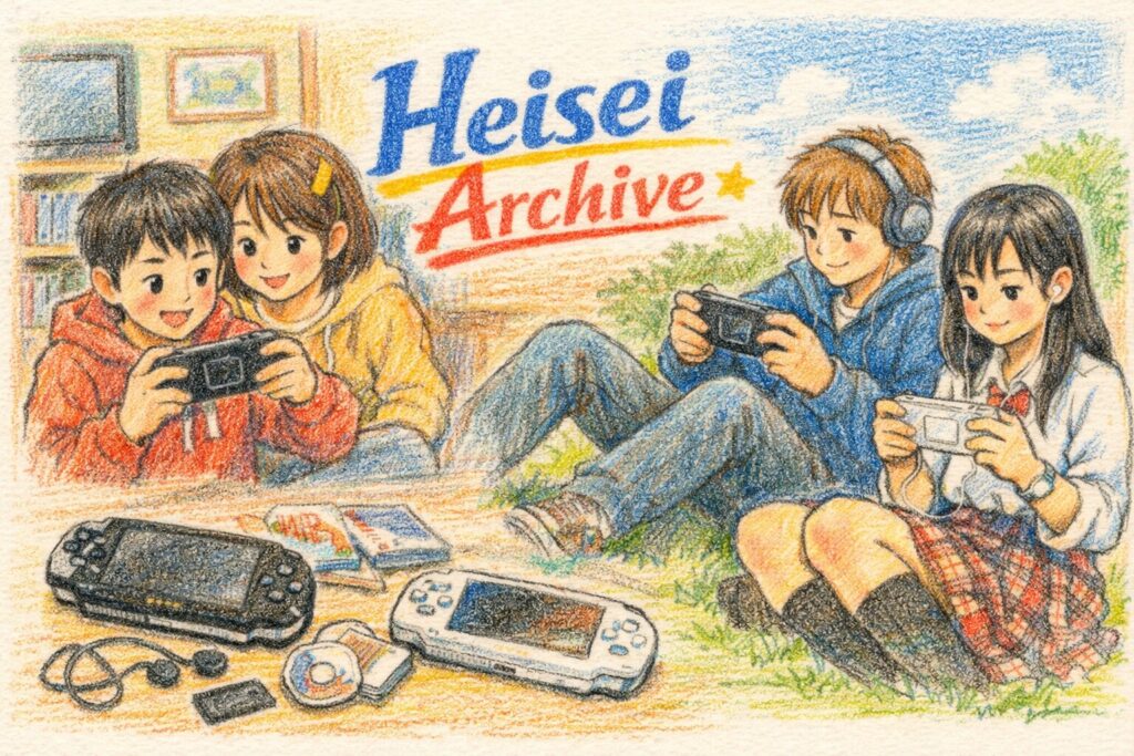 色鉛筆で書いたPSPをプレイする人たちのイメージイラスト